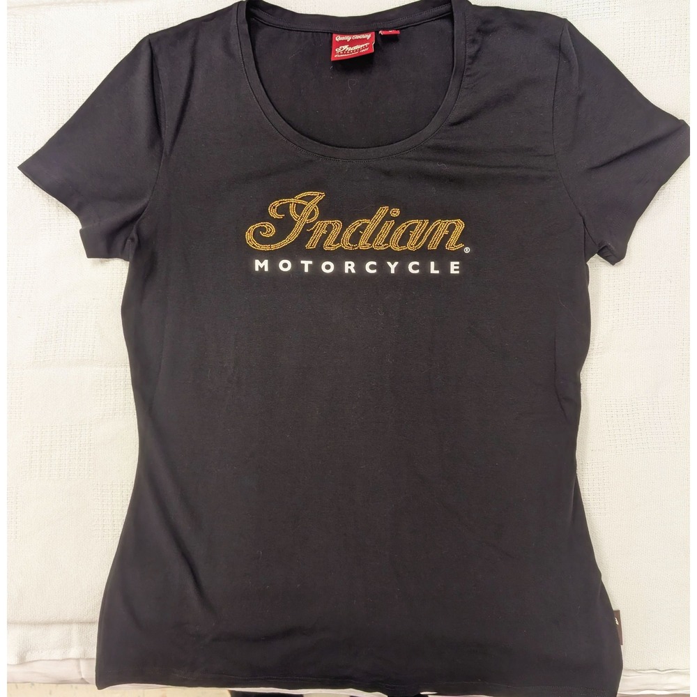 Indian Motorcycle Womens Black Beaded Logo Graphic T-Shirt Size Large
